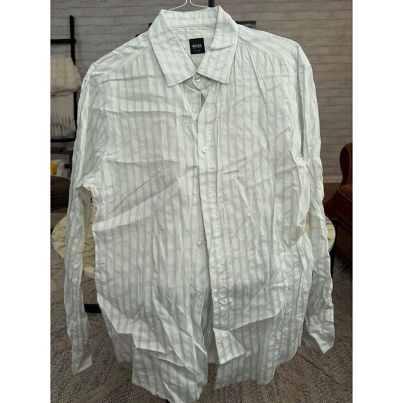 HUGO BOSS White Blue Striped Cotton Button Down Dress Shirts Mens Size XL - Picture 1 of 7